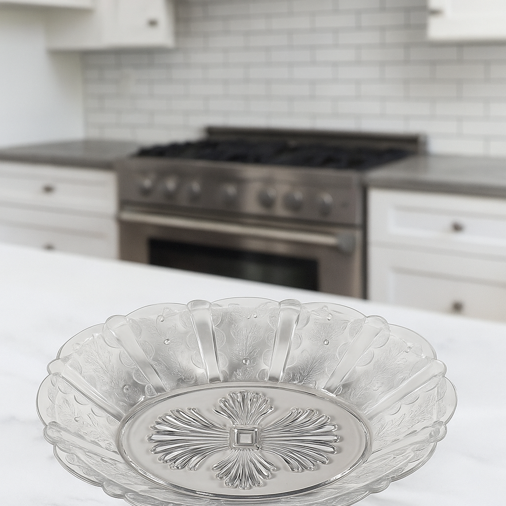 Vintage Clear Glass Paneled Sunflower-Pattern Oblong Bowl 9″
