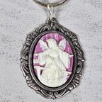 Vintage Angel Cameo Pendant Necklace Pink Relief Oval Frame