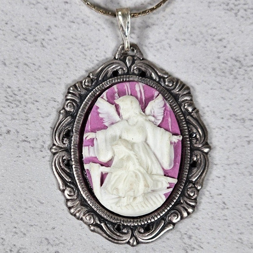 Vintage Angel Cameo Pendant Necklace Pink Relief Oval Frame