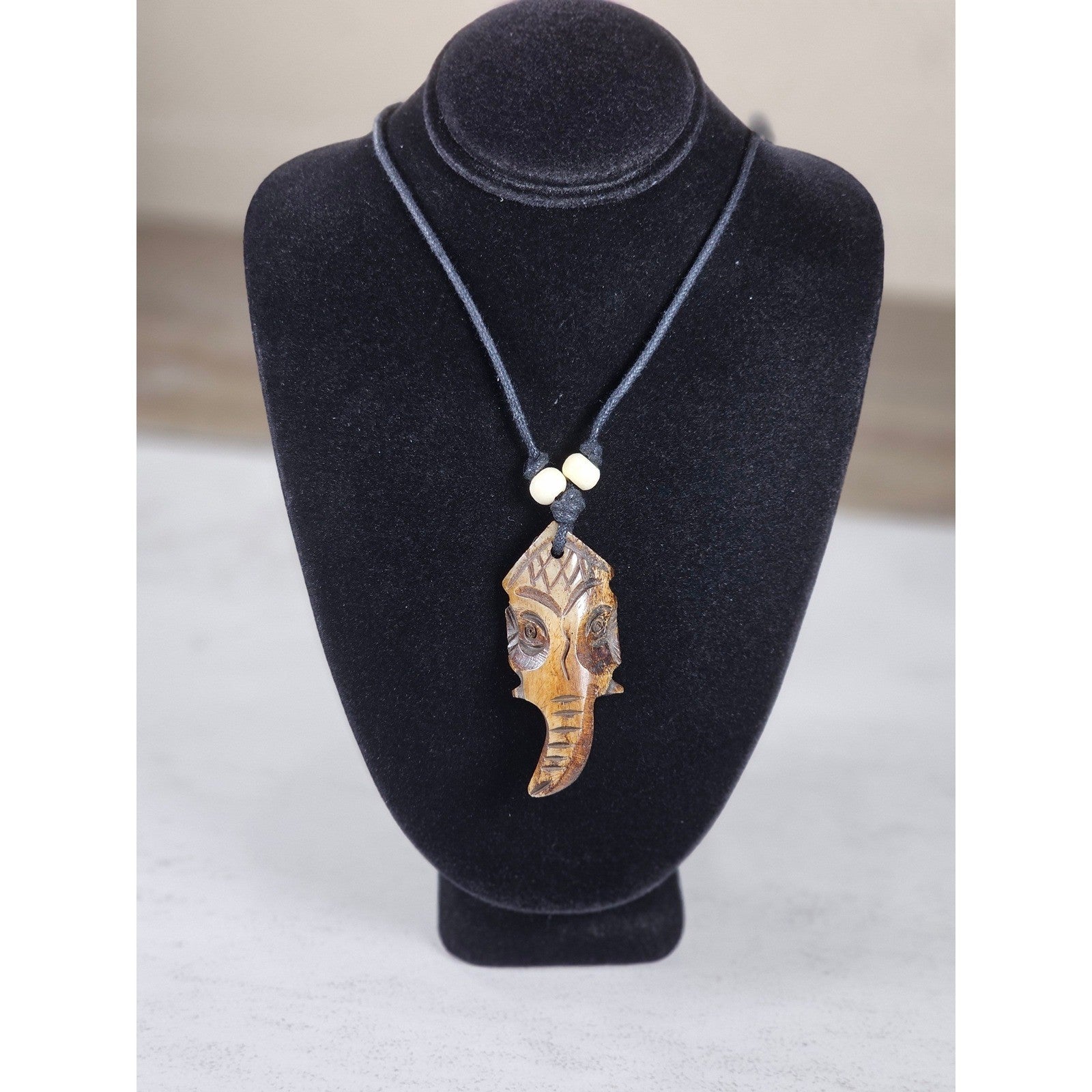 Vintage Hand Carved Tribal Mask Pendant Necklace Wood Beaded Cord