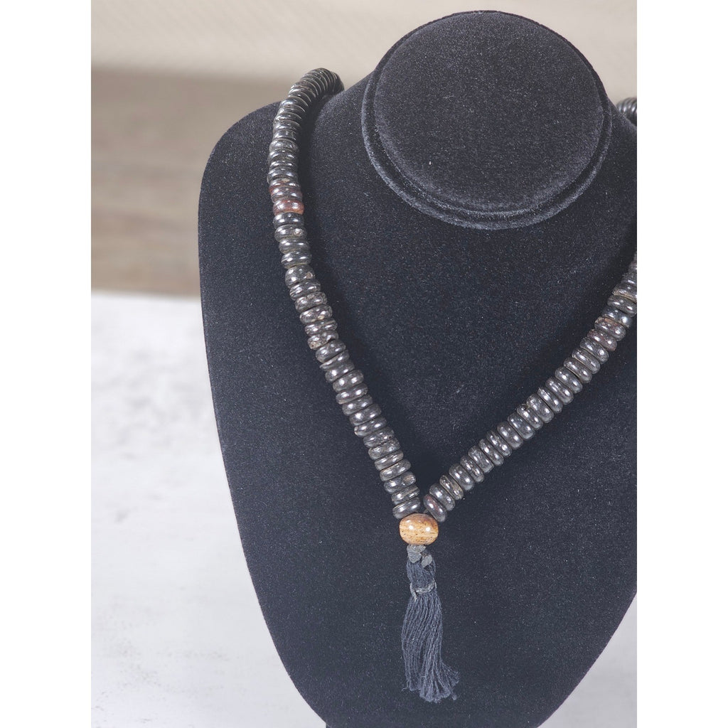 Vintage Black Beaded Tassel Necklace Boho Wood Accent Pendant