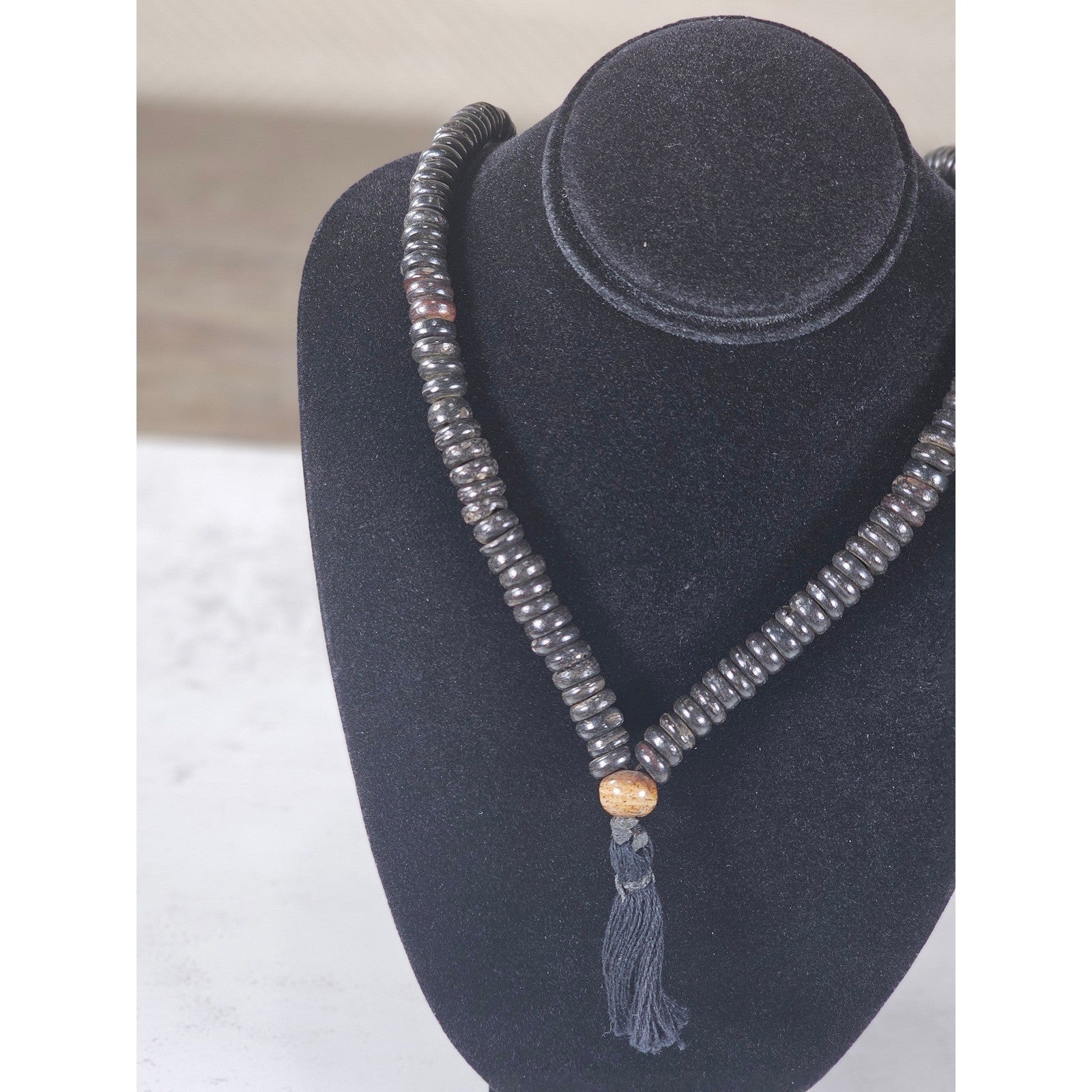 Vintage Black Beaded Tassel Necklace Boho Wood Accent Pendant