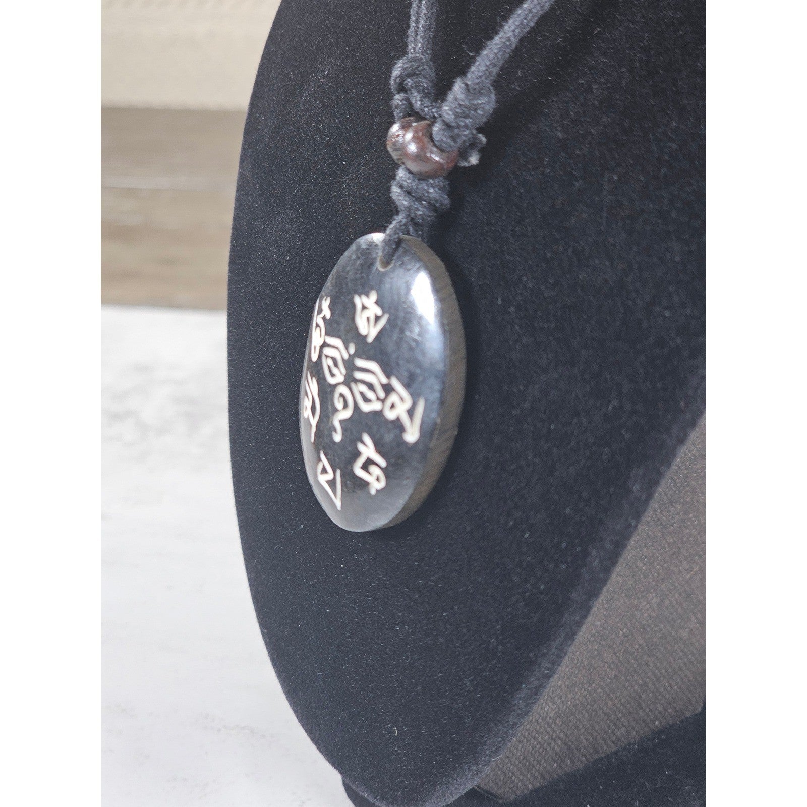 Vintage Script Pendant Necklace Black Cord Spiritual Symbol Medallion