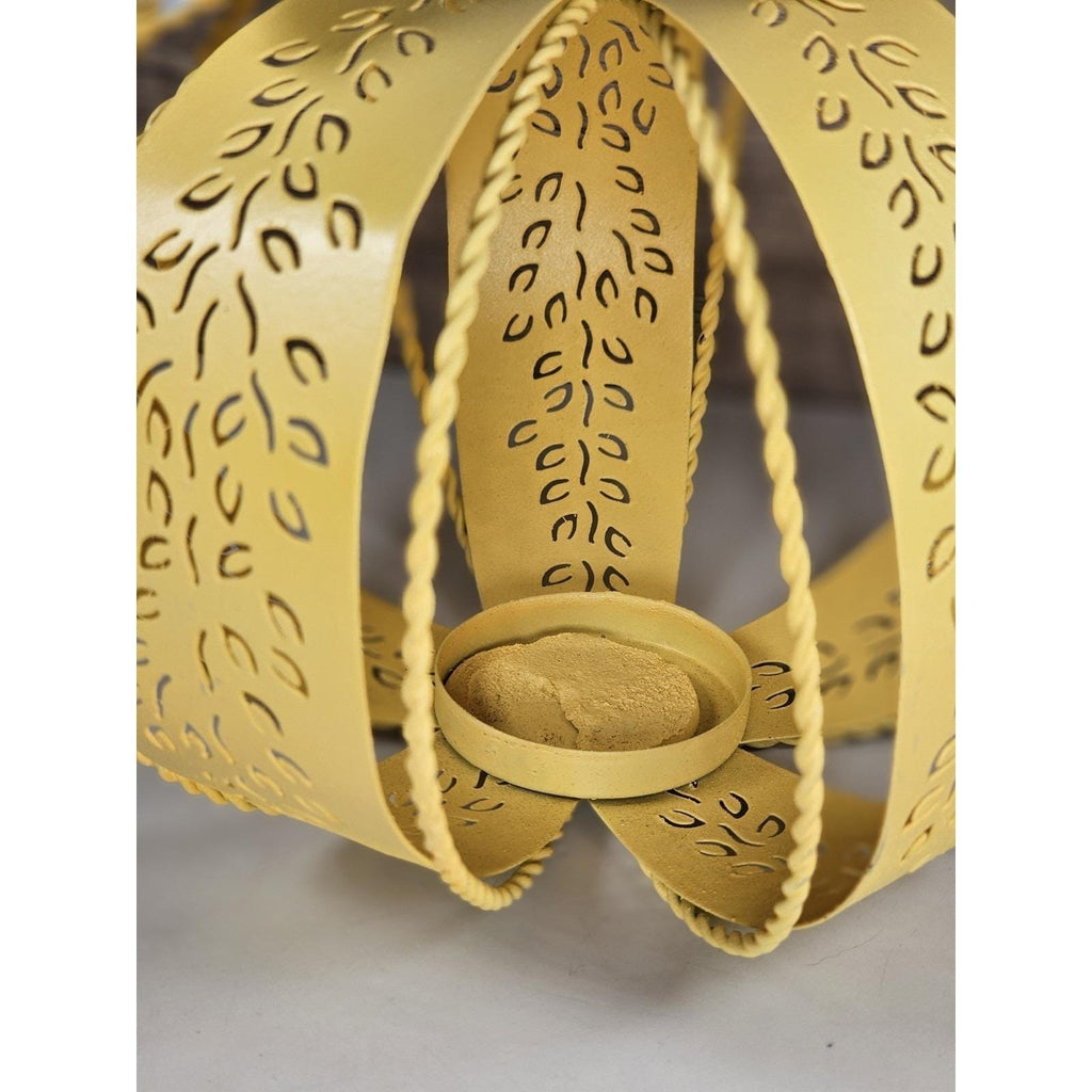 Yellow Metal Pumpkin Lantern with Leaf Cutouts | Fall Decor | Candle Holder