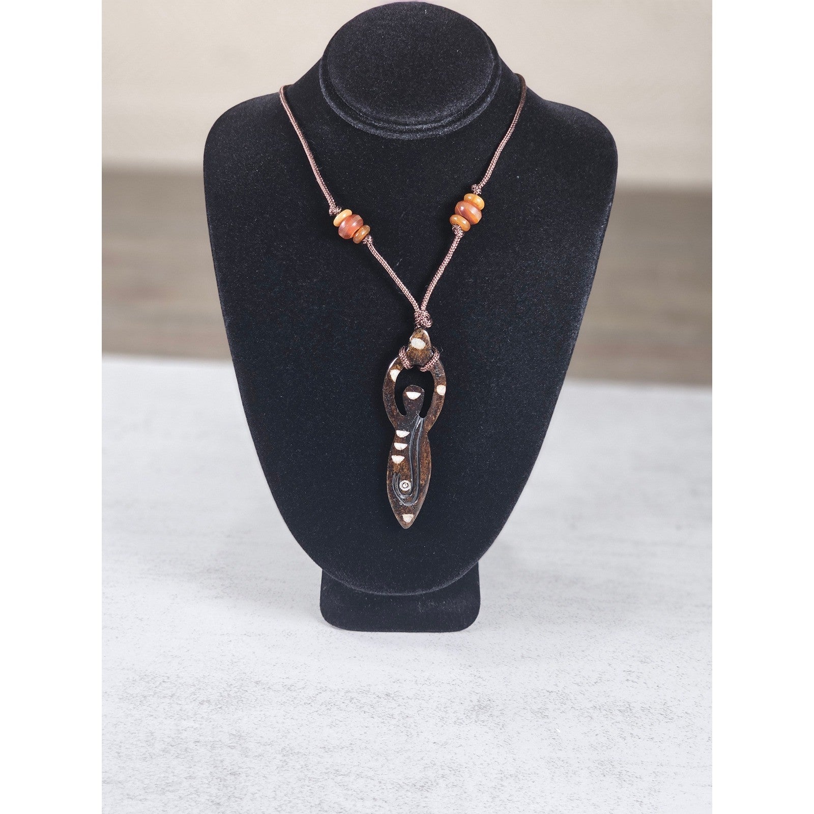 Vintage Carved Wood Pendant Necklace Beaded Cord Tribal Design