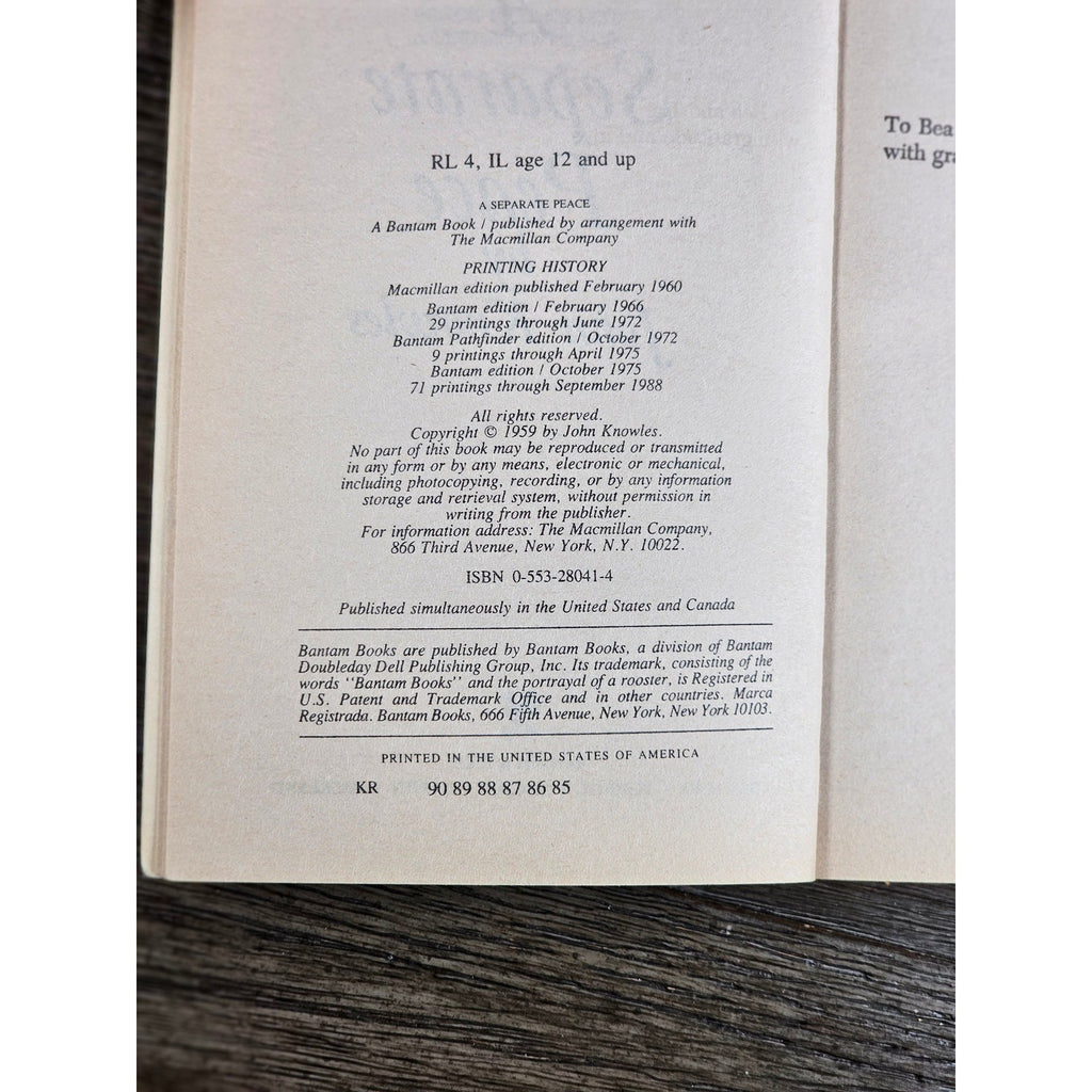 A Separate Peace John Knowles Bantam 1988 Paperback Vintage Novel