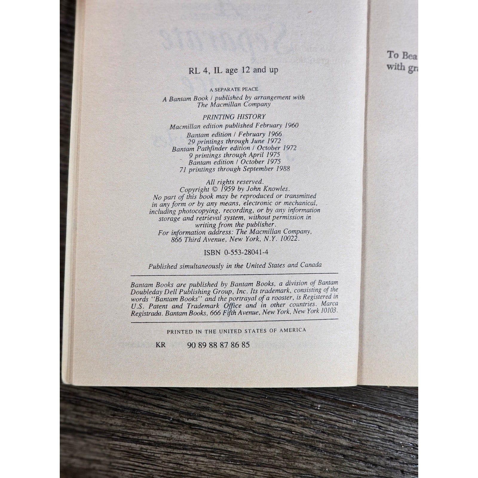 A Separate Peace John Knowles Bantam 1988 Paperback Vintage Novel