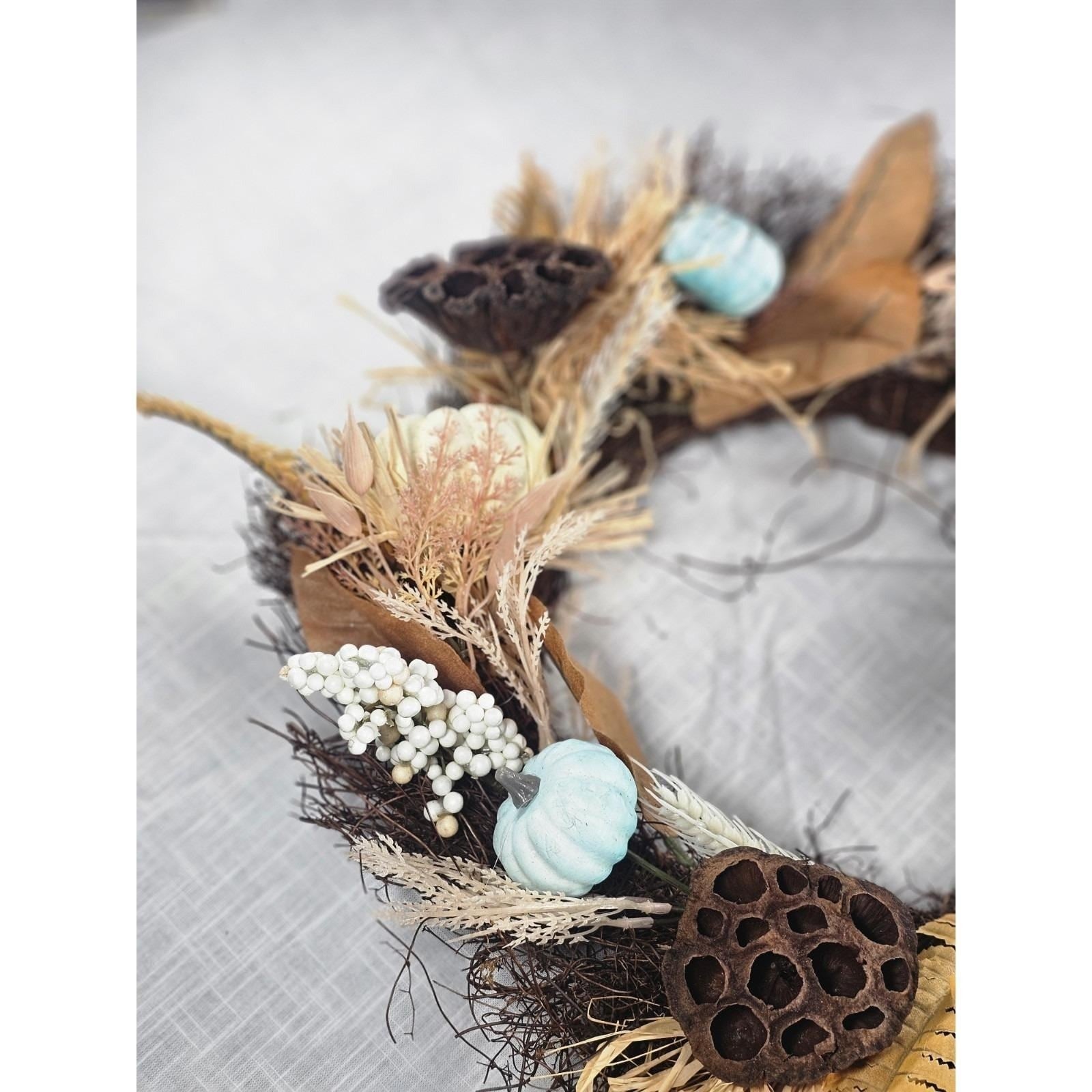 Rustic Fall Harvest Wreath With Pumpkins, Berries, Leaves Seasonal Decor