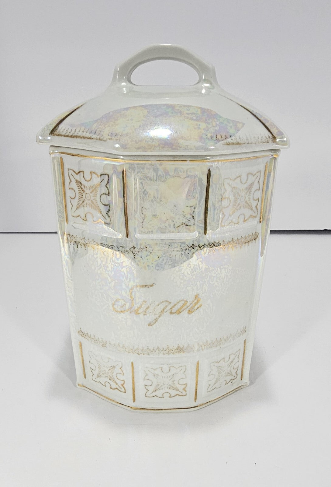 Vintage Czech Iridescent Porcelain Sugar Jar | Victoria Czecho Slovakia