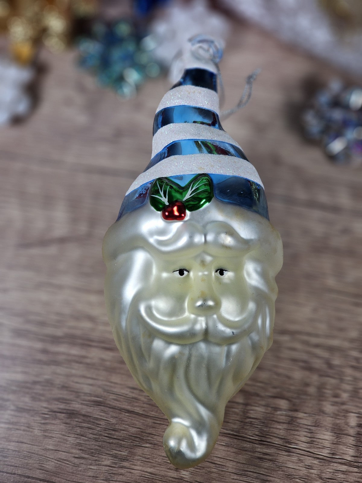Vintage Handblown Glass Santa Ornament 7" Tall With Blue Striped Hat & Holly