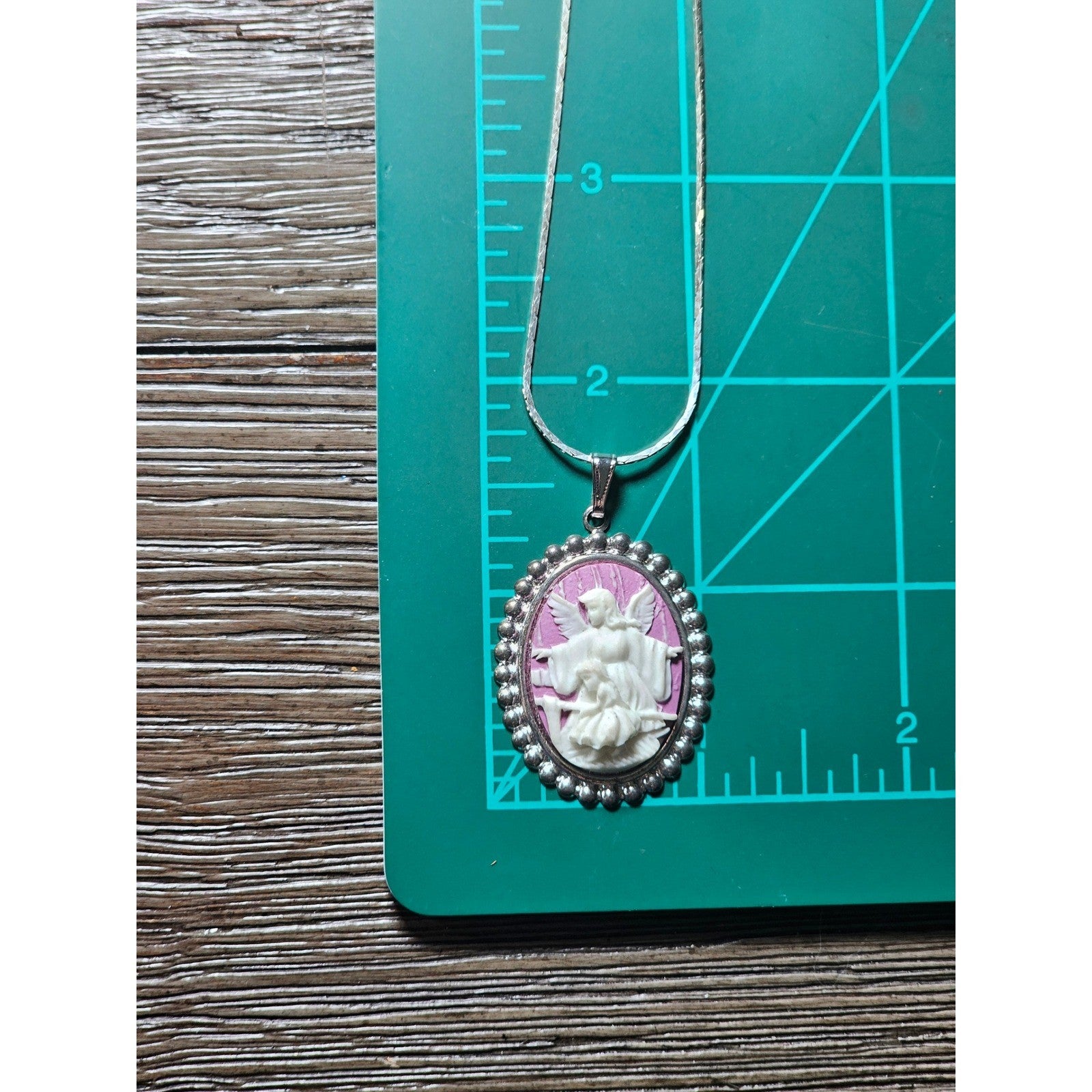 Vintage Angel Cameo Pendant Necklace Pink Relief Silver Tone Oval