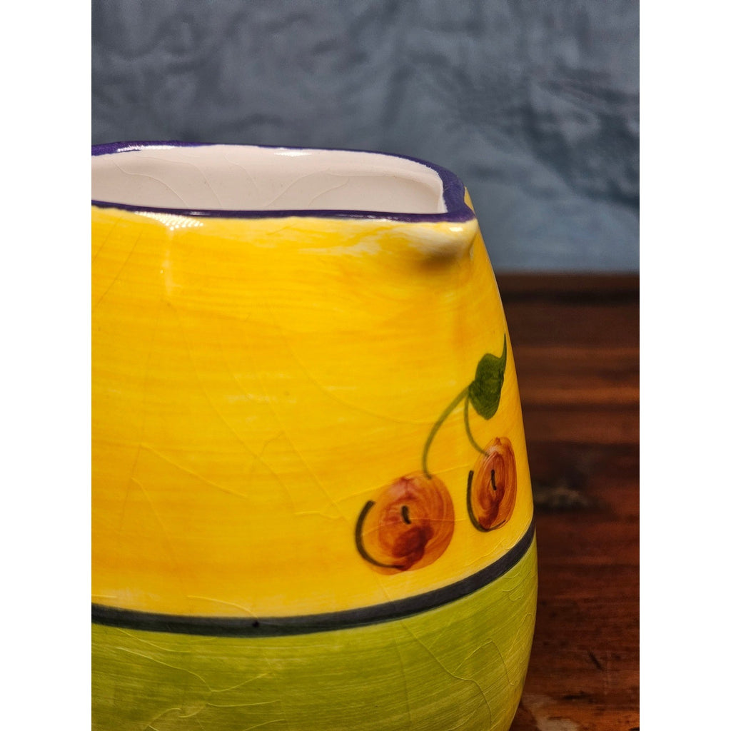 Vintage Ceramic Small Cherry Pitcher Yellow Green Hand Painted Country Kitchen
