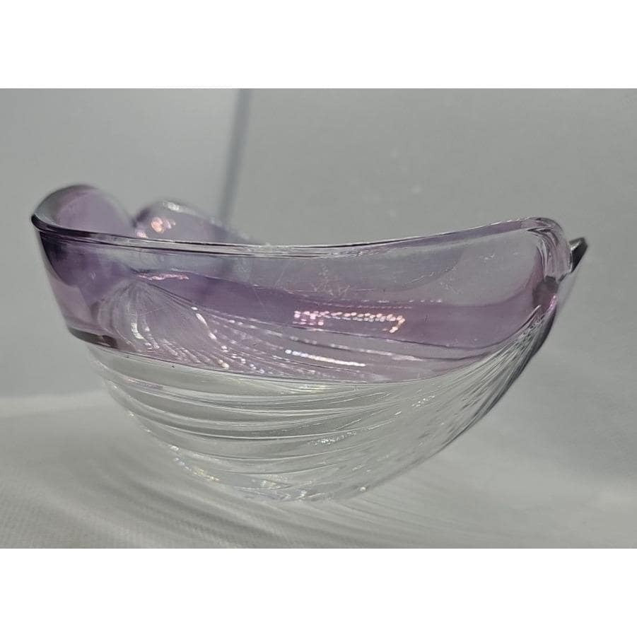 Vintage Ribbed Glass Bowl Purple Satin Edge Serving Dish