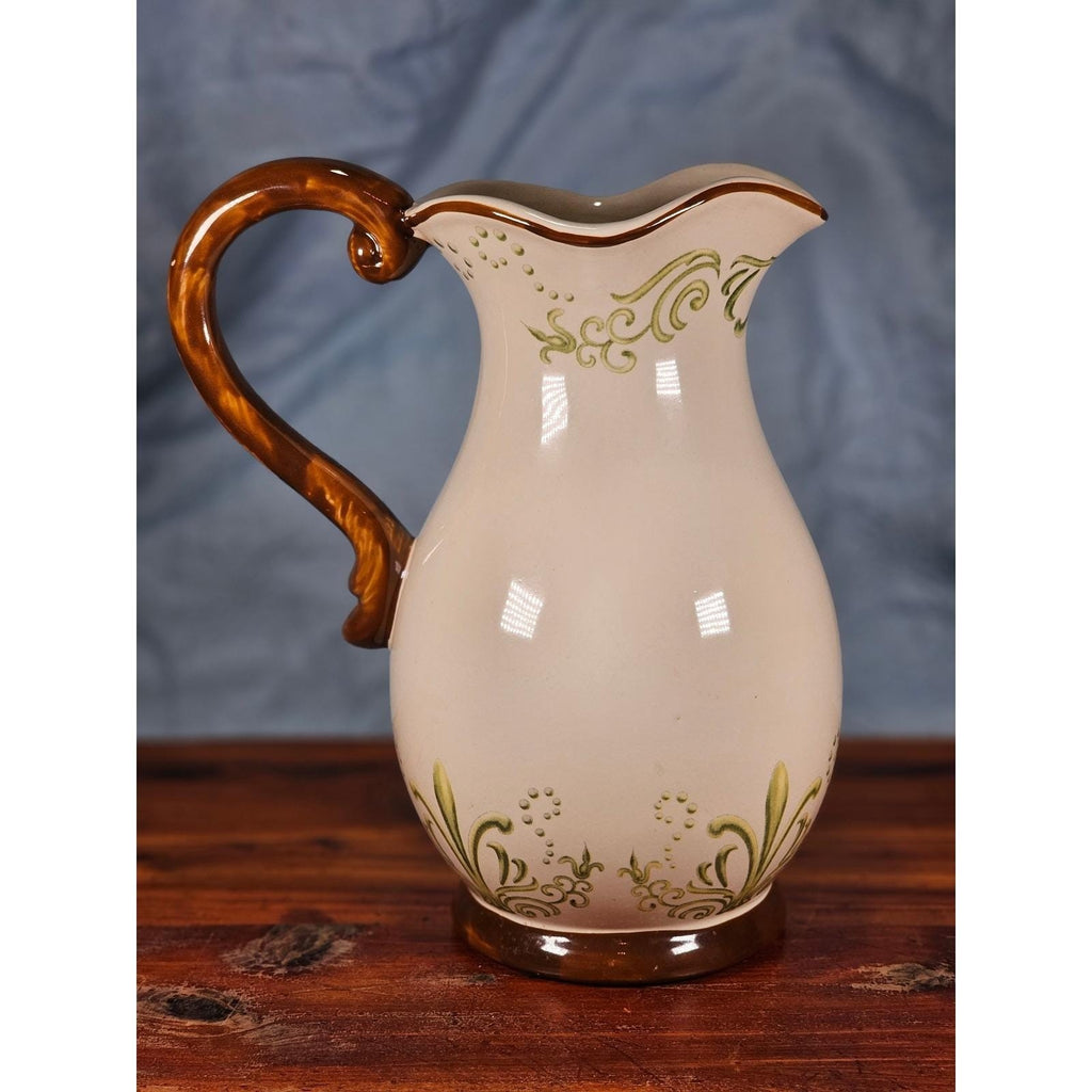 Vintage Ceramic Pitcher Cream Floral Green Brown Handle Holiday Petaluma
