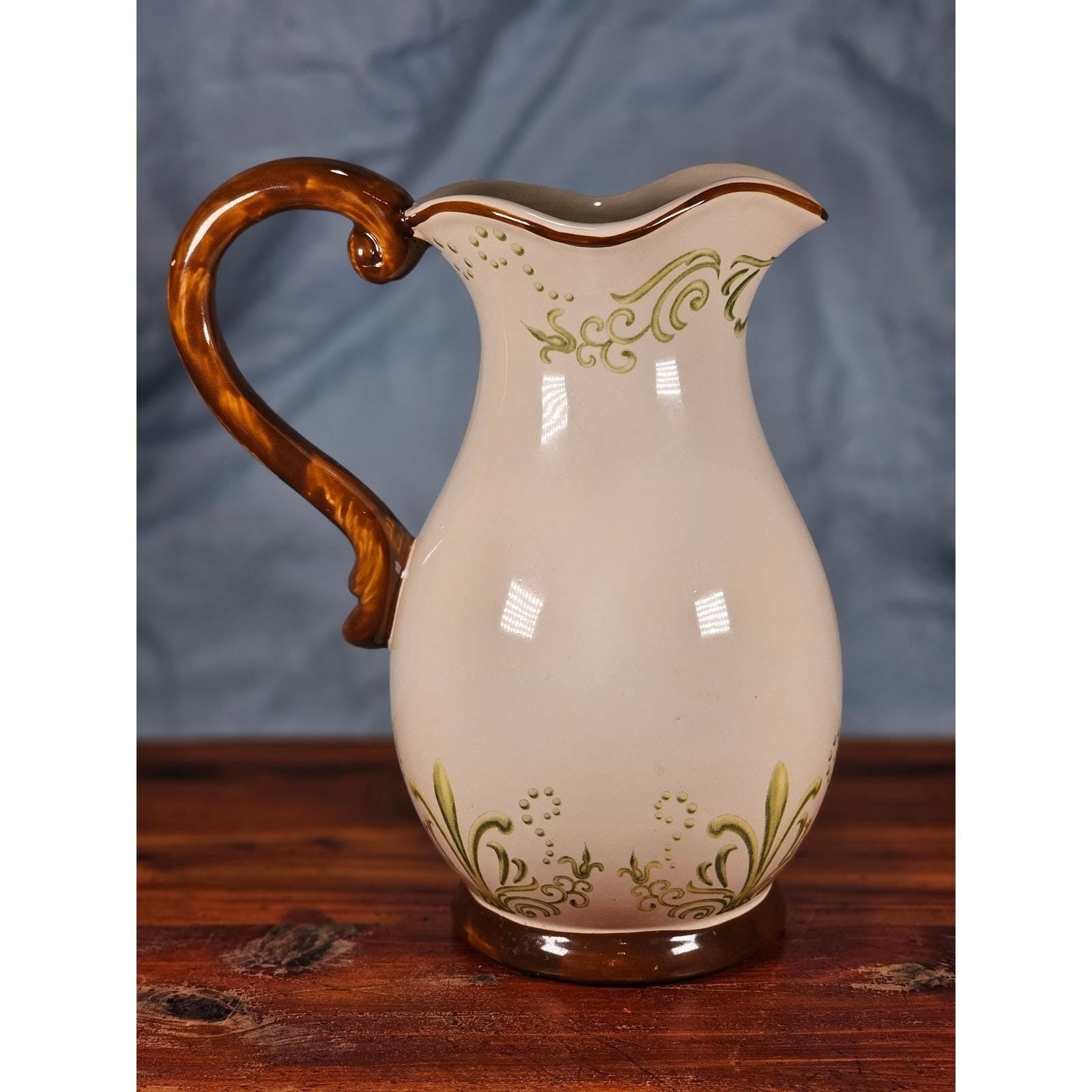 Vintage Ceramic Pitcher Cream Floral Green Brown Handle Holiday Petaluma