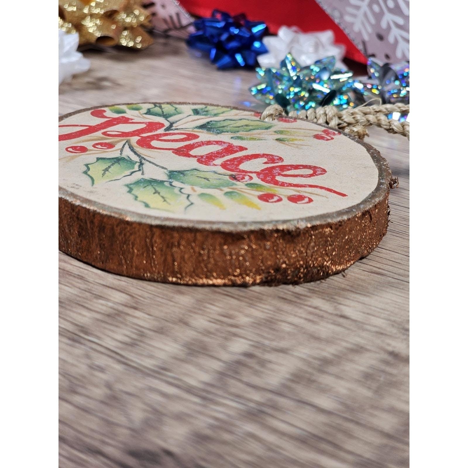 Rustic Wood Slice Ornament Peace Holly Berries Christmas Decor