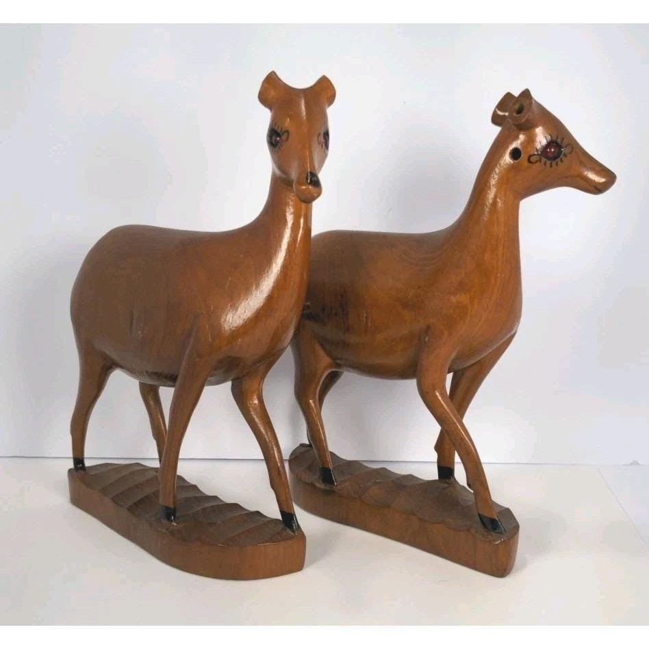 Vintage Hand Carved Wooden Deer Bookends Rustic Lodge Cabin Decor Pair