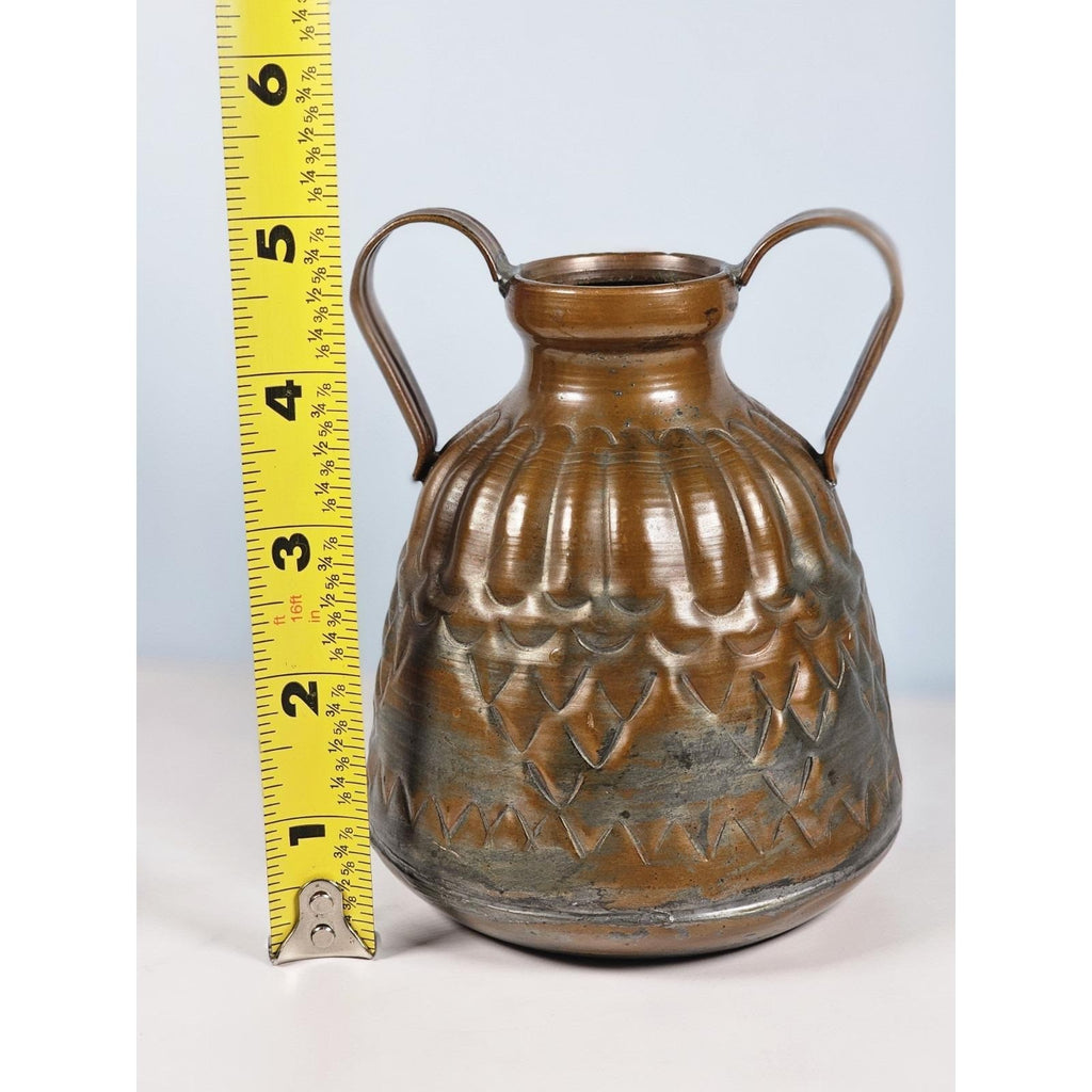 Vintage Hammered Copper Pitcher with Dual Handles Scalloped Design
