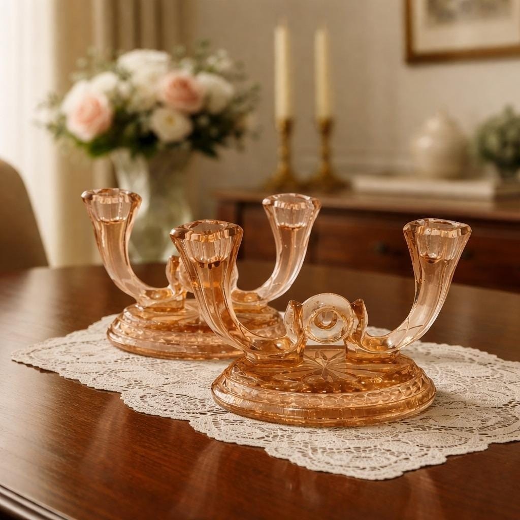 Vintage Heisey Peach Depression Glass Double Candelabras Pair