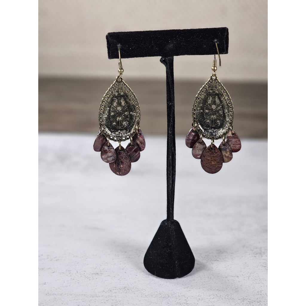Boho Antique Gold Filigree Teardrop Chandelier Earrings Plum Shell Dangle Charms