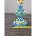 Vintage Hand Painted Wood Table Lamp Floral Blue Yellow Polka Dot