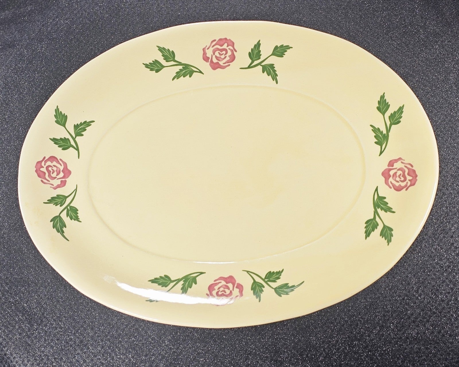 Vintage Oval Yellow Platter With Pink Rosebud & Green Leaf Design 16" x 12"