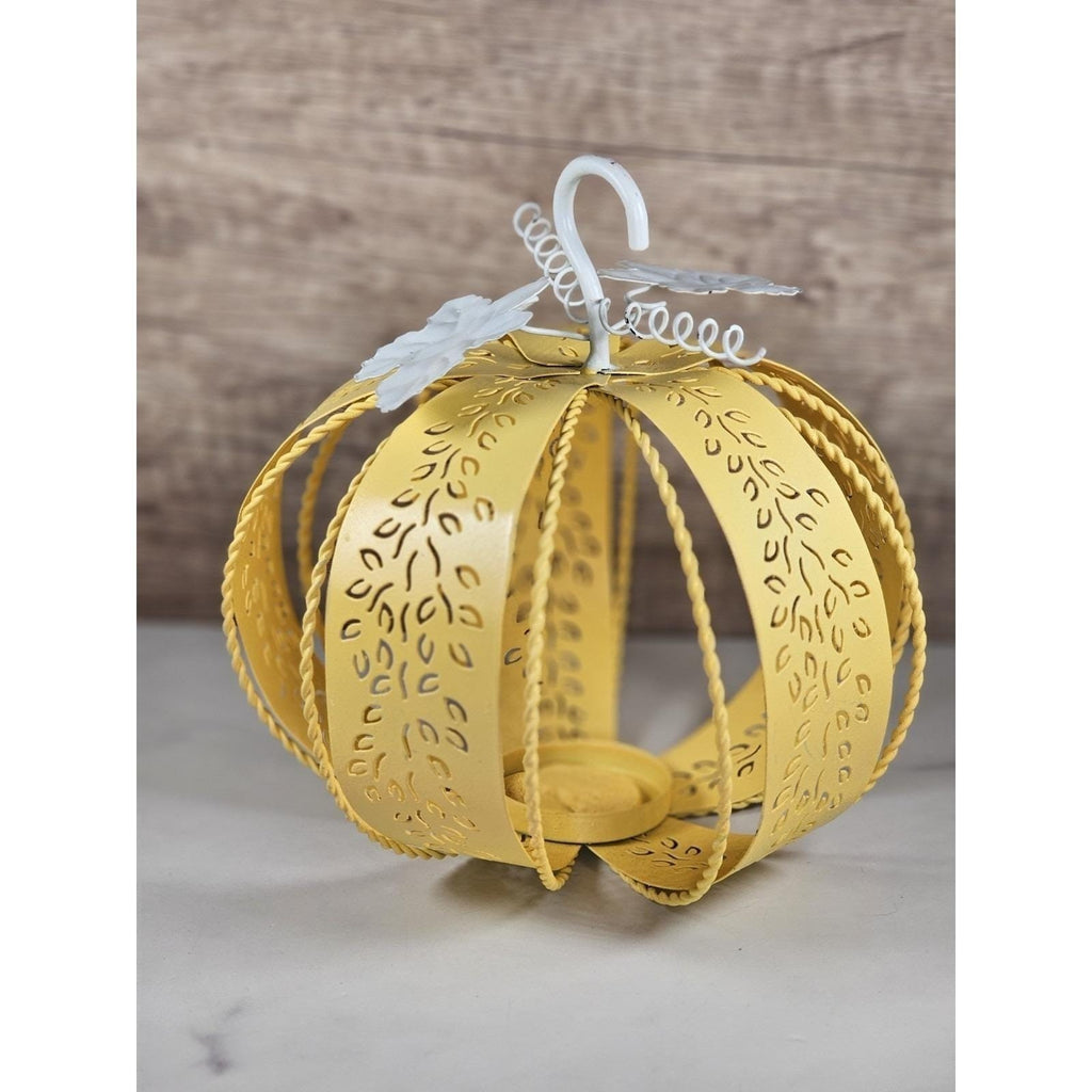 Yellow Metal Pumpkin Lantern with Leaf Cutouts | Fall Decor | Candle Holder