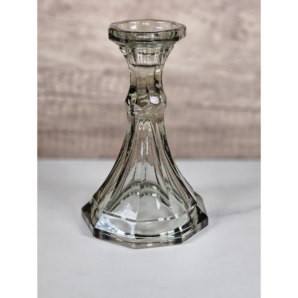 Vintage Fostoria Smokey Glass Candle Holder Faceted 6 Inch USA