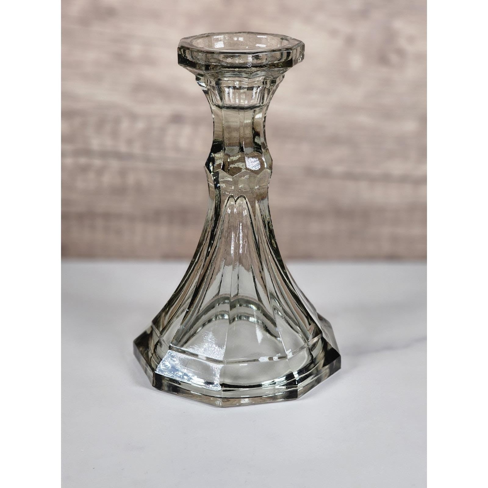 Vintage Fostoria Smokey Glass Candle Holder Faceted 6 Inch USA