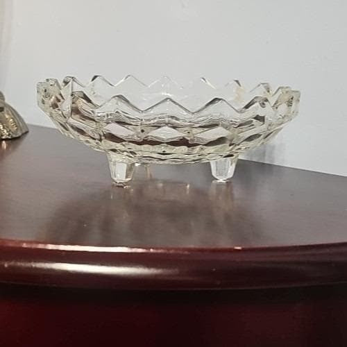 Vintage Fostoria American Cubist Glass Bowl 3 Footed Sawtooth Rim
