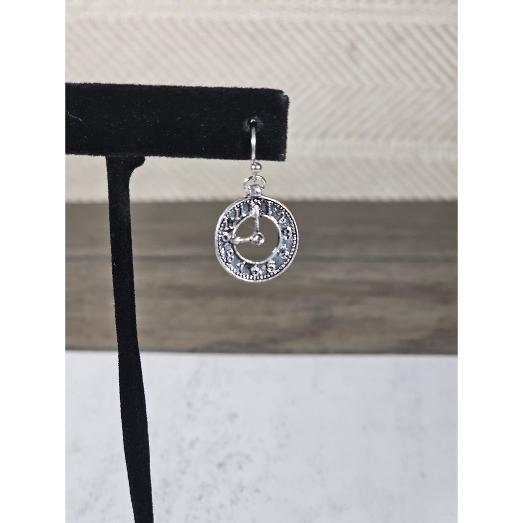 Vintage Clock Face Drop Earrings Silver Tone Dangle Jewelry