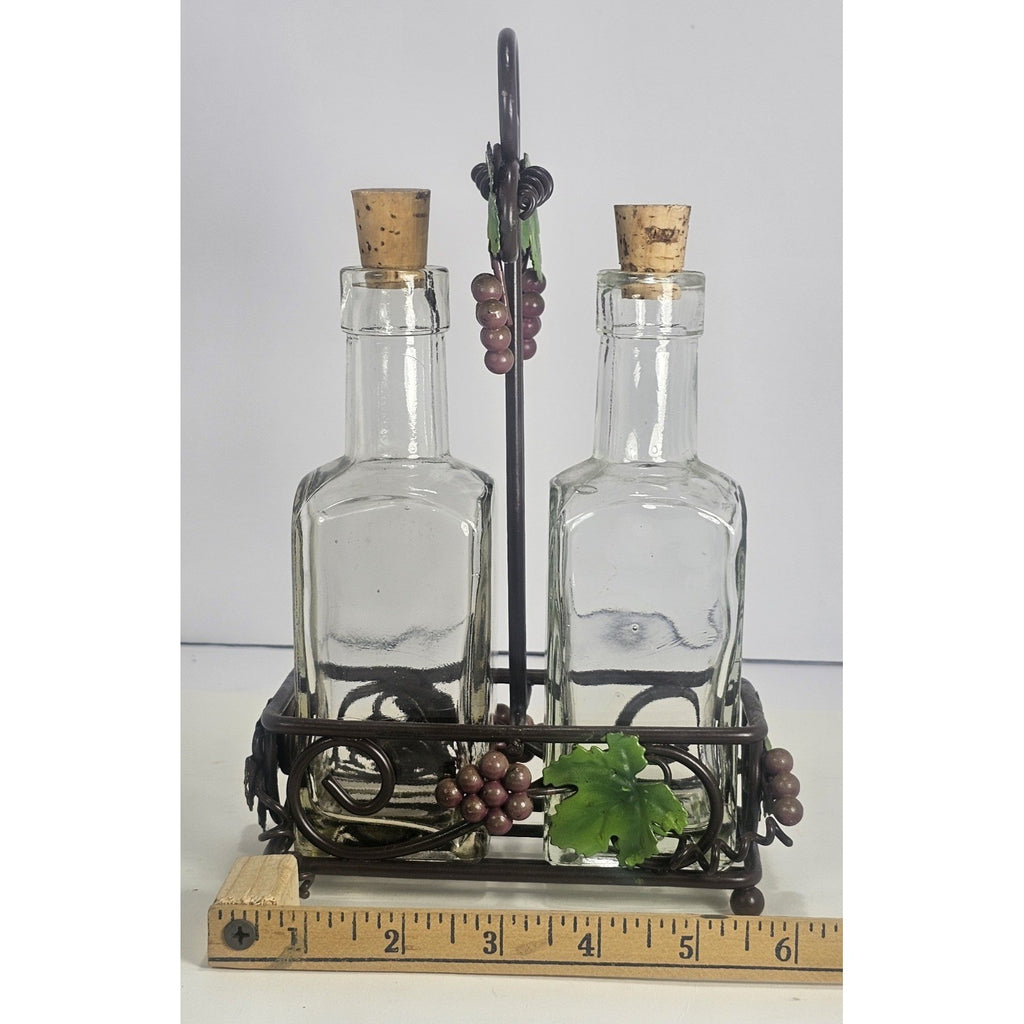Glass Oil and Vinegar Cruet Set with Cork Stoppers and Metal Grape Caddy