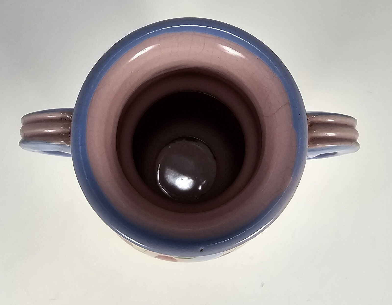 Vintage Hand-Painted Floral Ceramic Vase With Dual Blue Handles & Pink Crackle