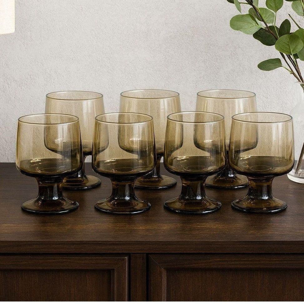 Mid Century Smokey Glass Goblets Set of 6 Vintage Footed Wine Glasses