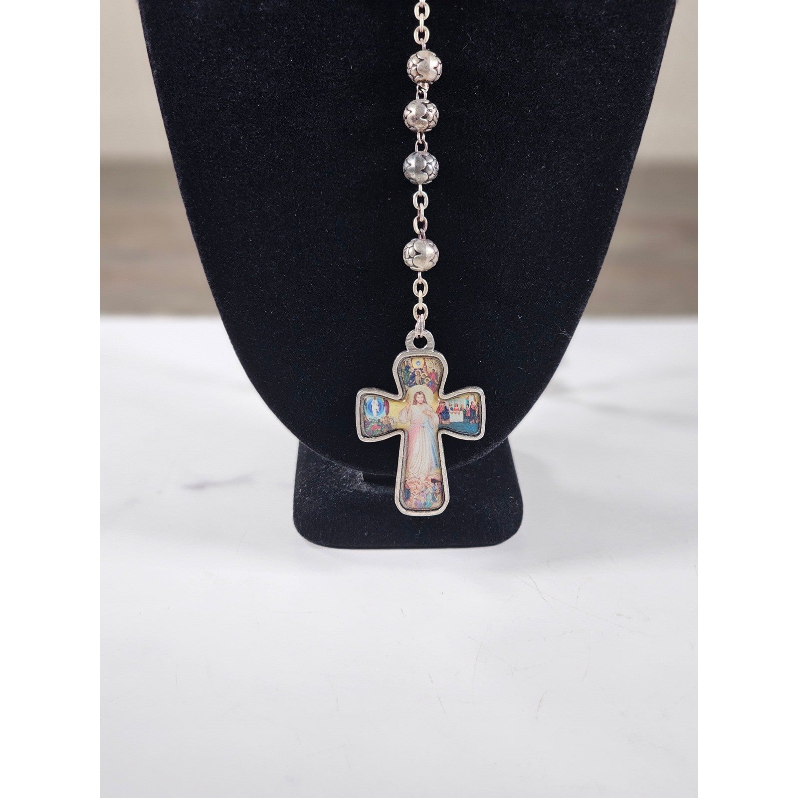Vintage Rosary Necklace Sacred Heart Cross Religious Medal Beaded