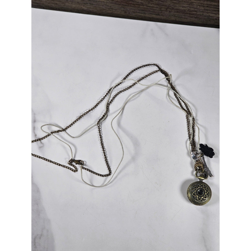 Vintage Pocket Watch Necklace Eiffel Tower Charm Long Chain