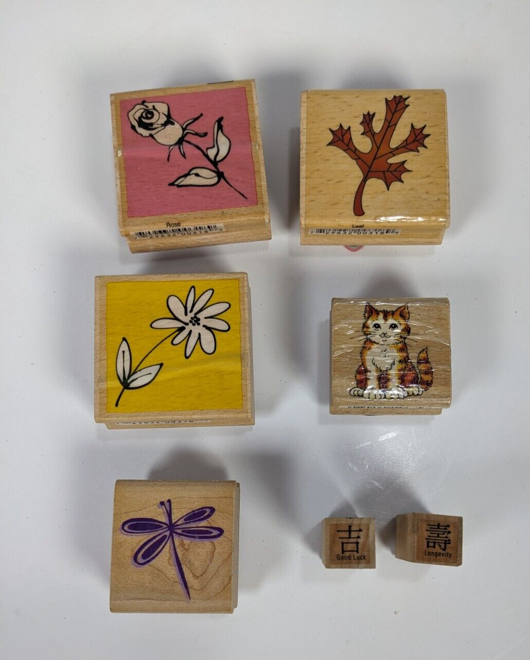Lot Of 7 Wooden Rubber Stamps Includes Cat Flowers Dragonfly Oak Leaf & Asian Sy