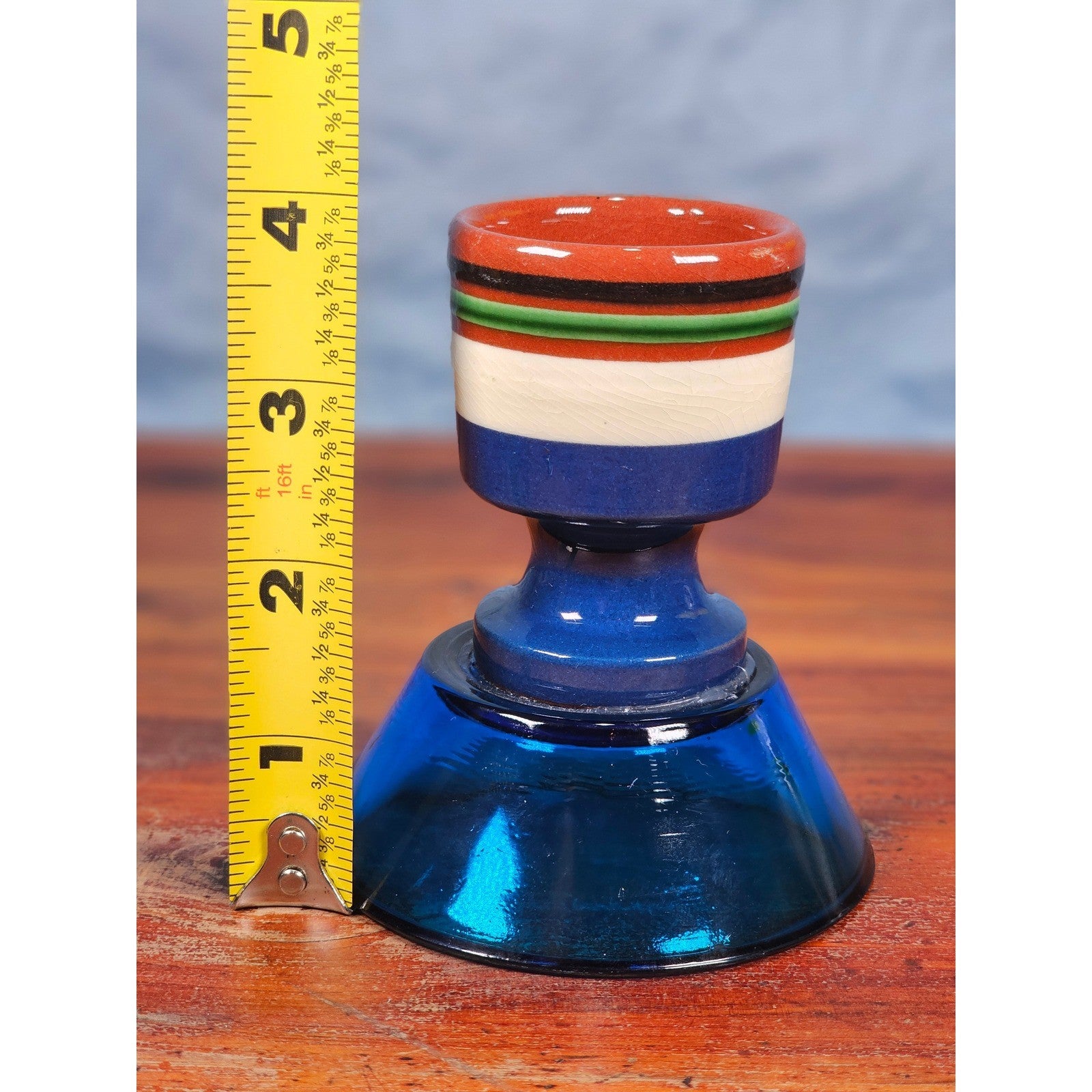 Vintage Nittsjo Sweden Egg Cup Blue Glass Base Hand Painted Ceramic Top