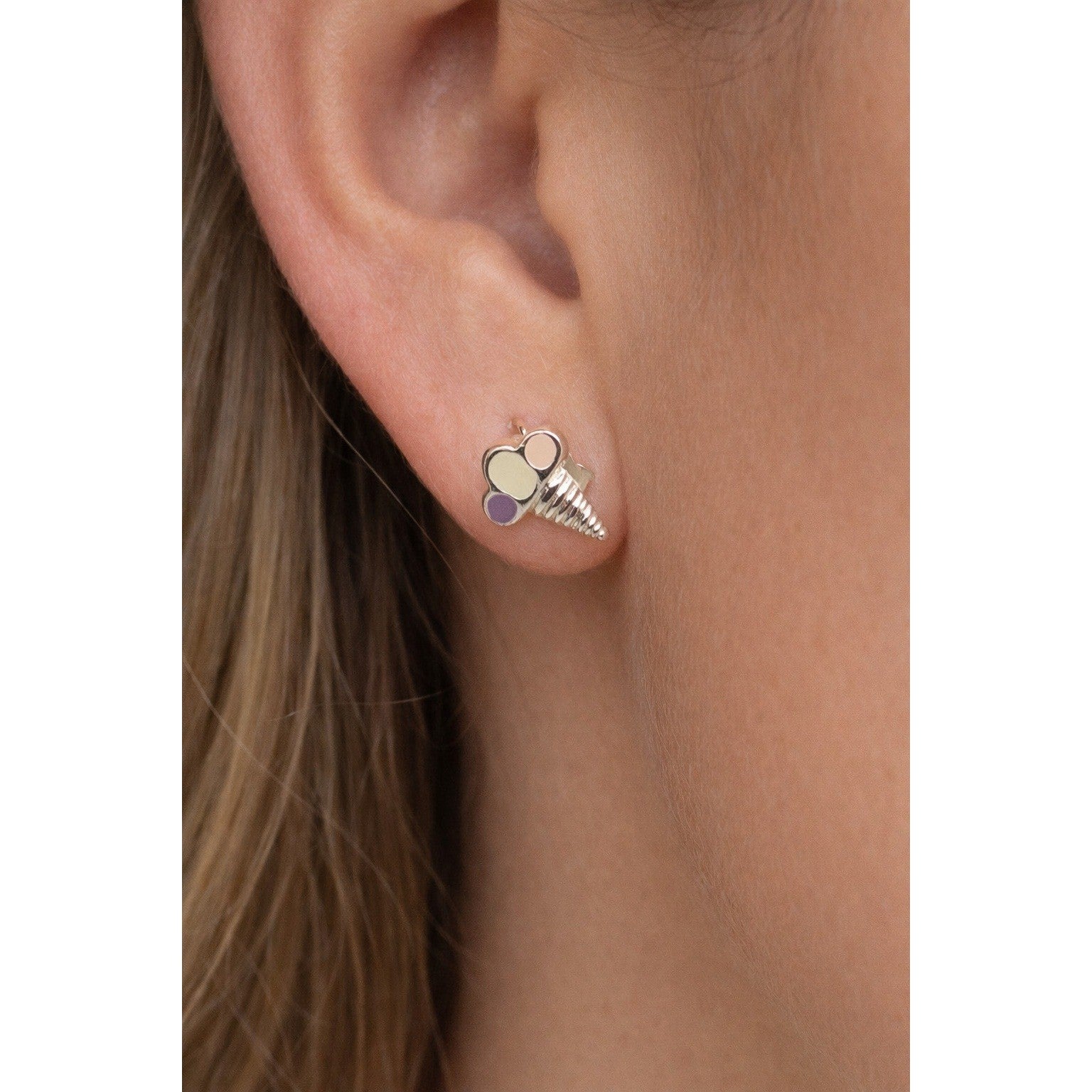 Vintage Set of 925 Sterling Silver Ice Cream Cone Stud Earrings Enamel Cute Fun