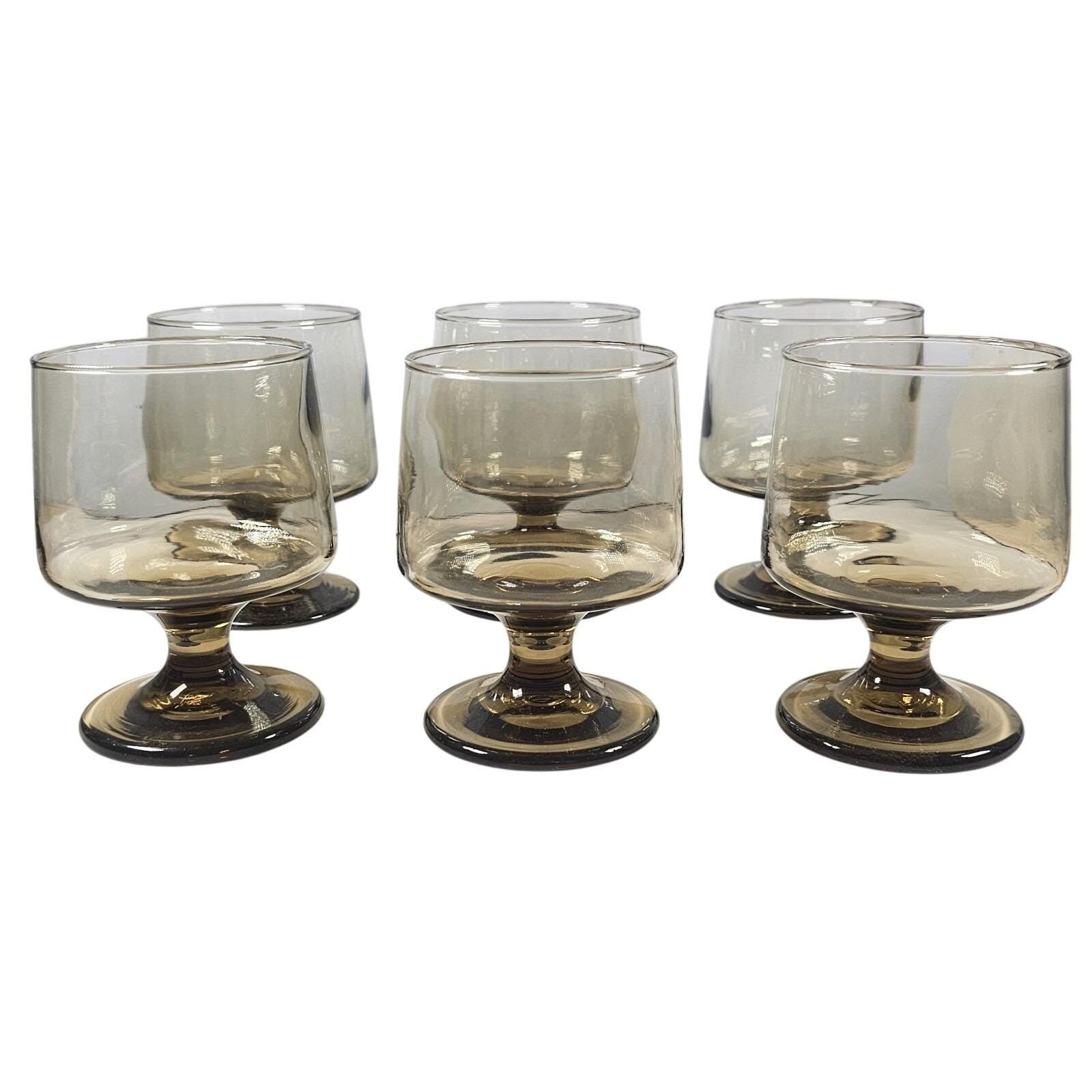 Mid Century Smokey Glass Goblets Set of 6 Vintage Footed Wine Glasses