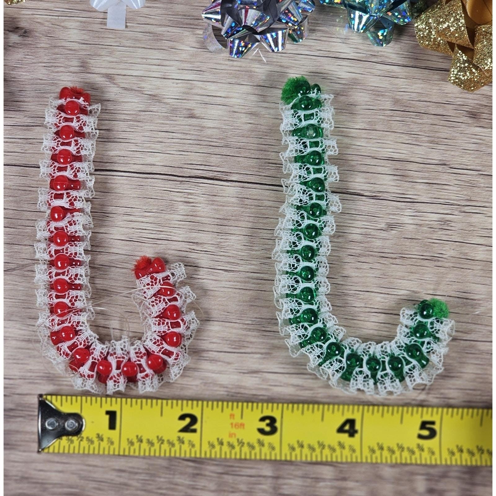 Vintage Lace Candy Cane Ornaments Set of 2 Red Green Beaded Decor