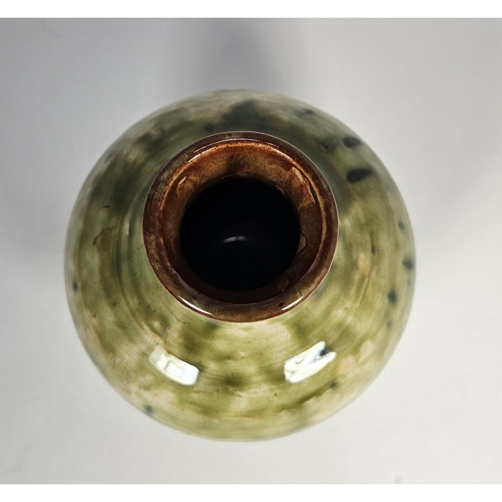 Green & Brown Drip-Glaze Pottery Vase • 5″ x 4.5″ Rustic Earth-Tone