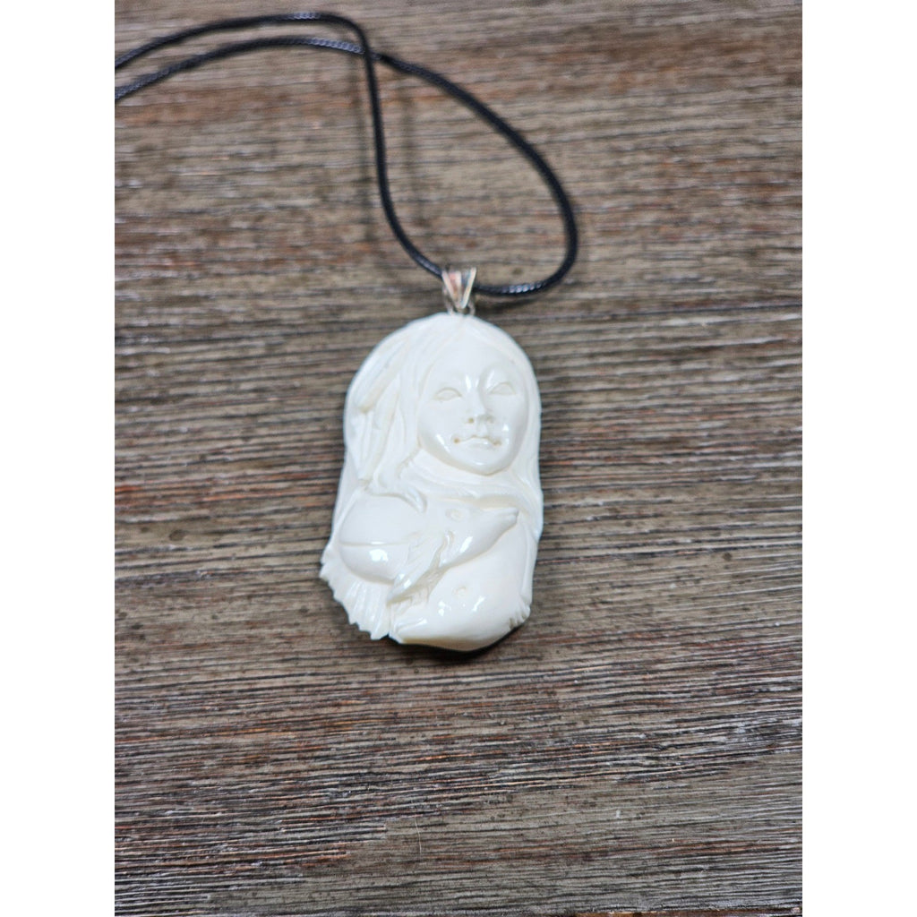 Vintage Buffalo Bone Carved Woman Pendant Necklace 2.5 x 1 Inch