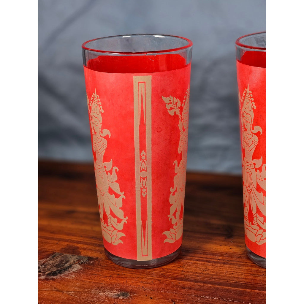 Vintage Red Asian Dancer Gold Glasses Set of 2 Tall Drinking Tumblers