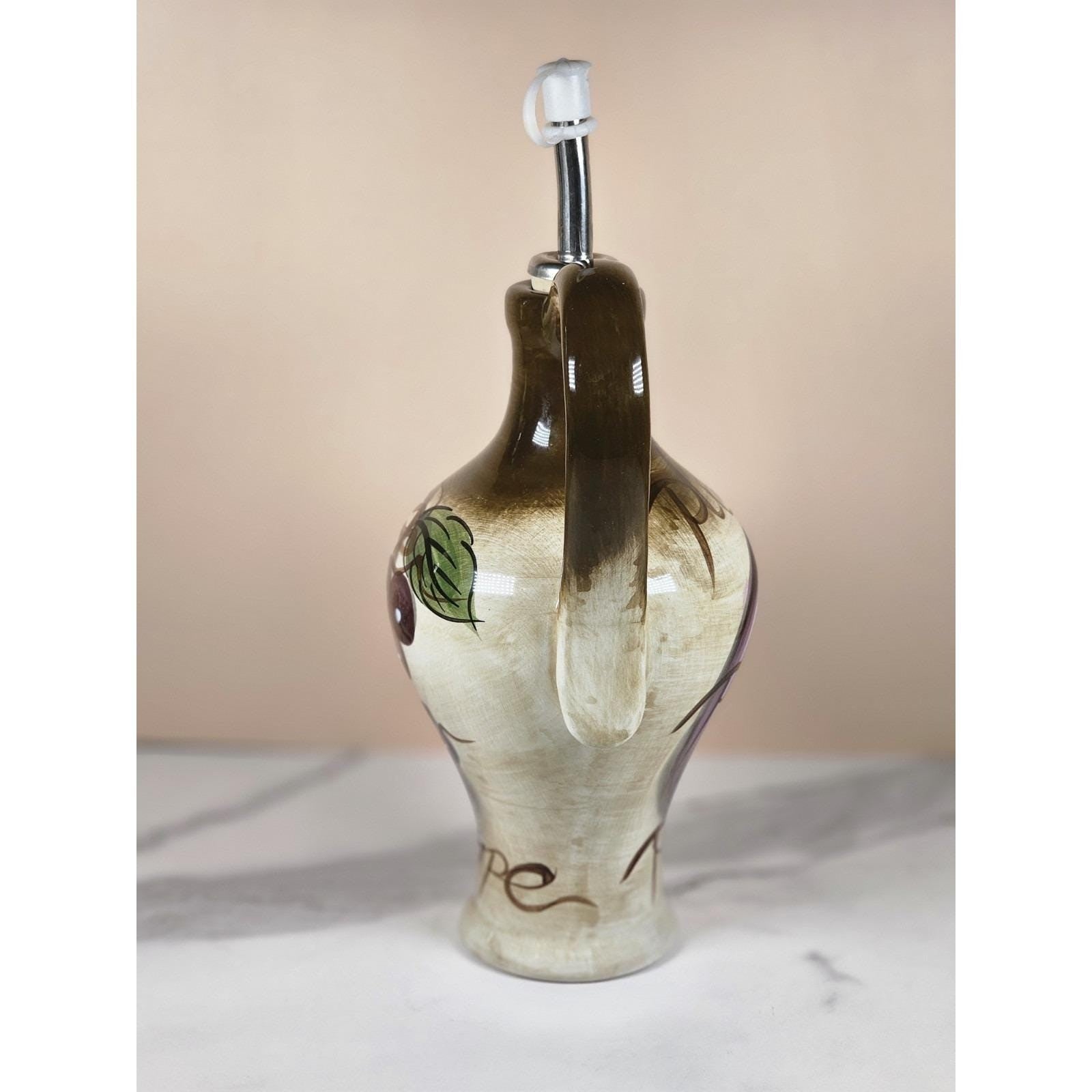 Vintage Rustic Orchard Plum Grape Oil Cruet Hand Painted Stoneware 9"