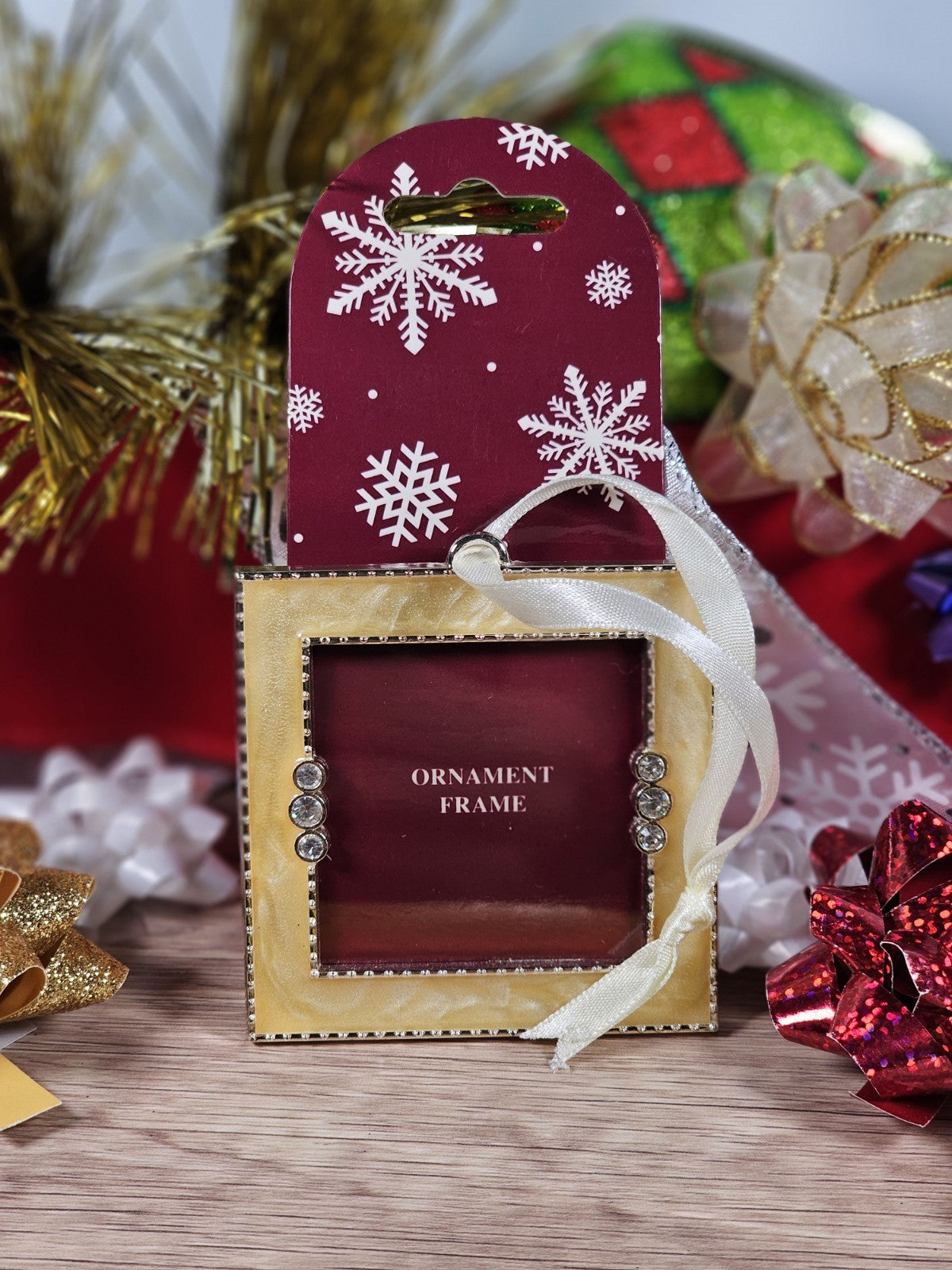 Elegant Gold Trimmed Ornament Frame With Rhinestone Accents & Ribbon Hanger