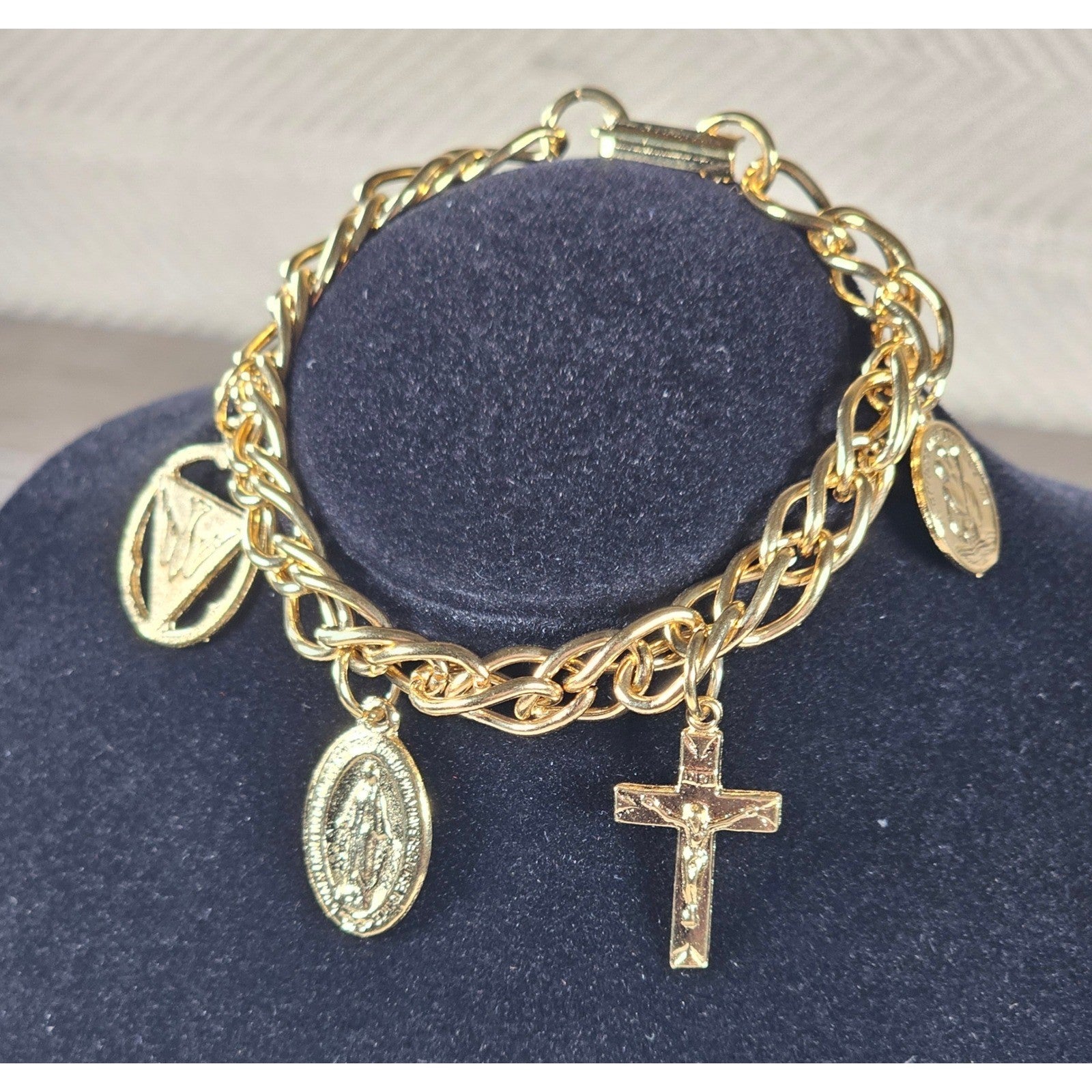 Vintage Gold Tone Religious Charm Bracelet Cross Medal Coin