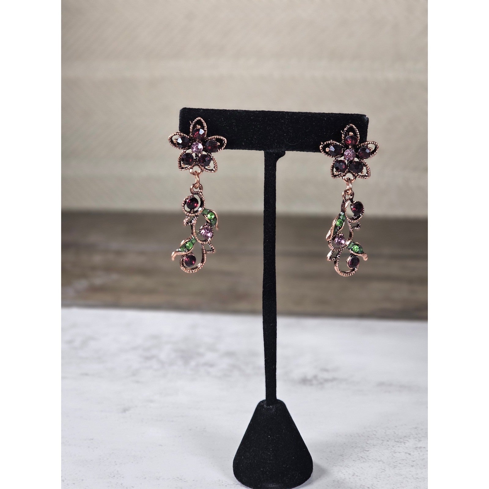 Vintage Butterfly Necklace Earring Set Purple Green Floral Gold Tone