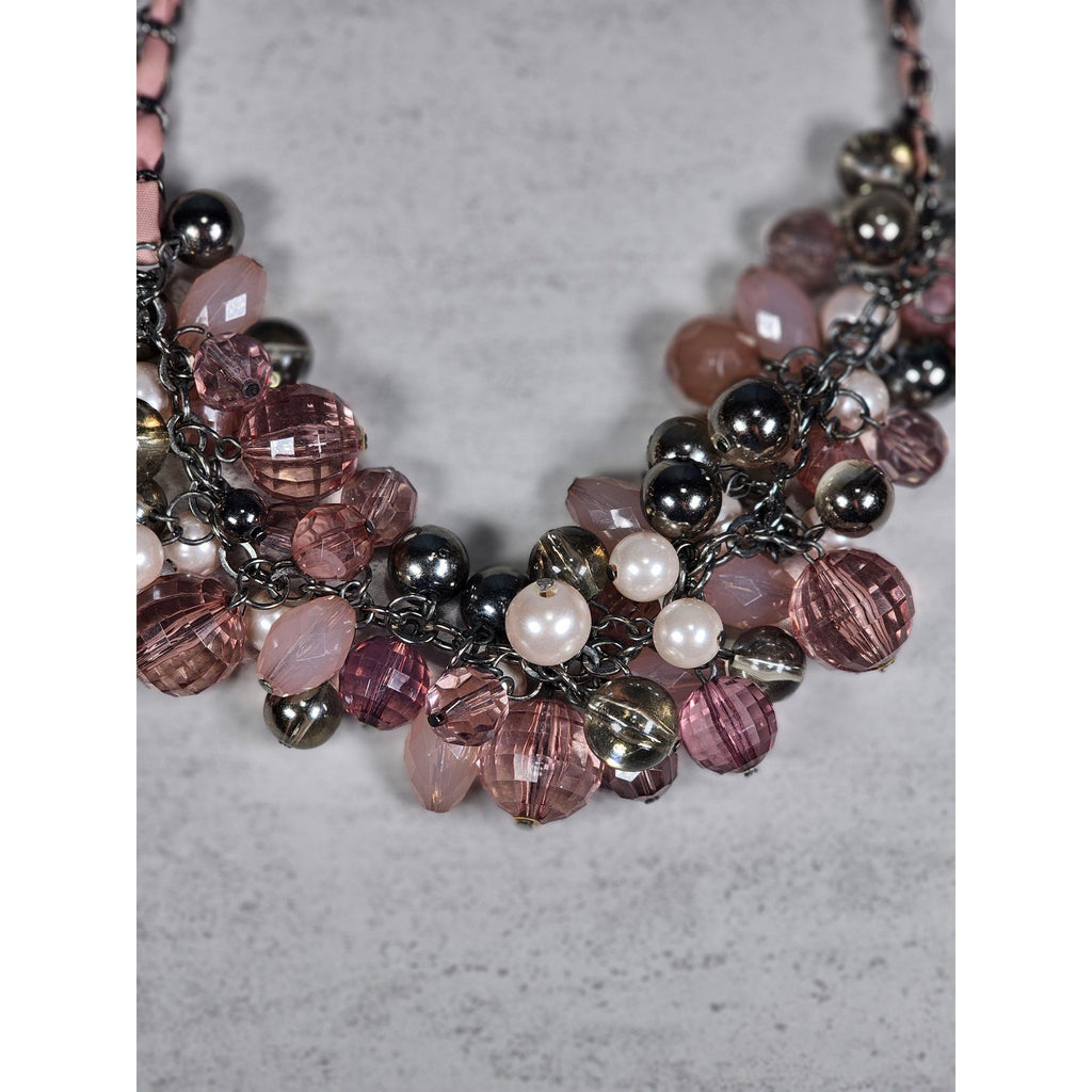 Vintage Pink Beaded Cluster Necklace with Ribbon Chain Detail