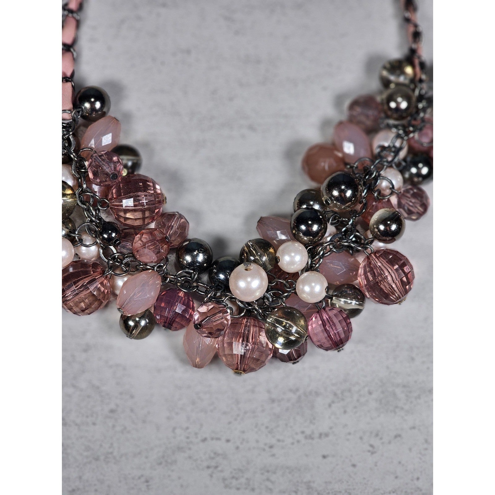 Vintage Pink Beaded Cluster Necklace with Ribbon Chain Detail